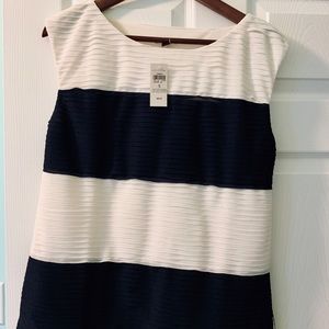 Ann Taylor boatneck pleated Ecru-.Navy top-NWT
